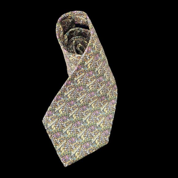 Marja Kurki Silk Tie Geometric Pattern Violet Aqua Tan Lime Green 4" W Vintage - Picture 1 of 5